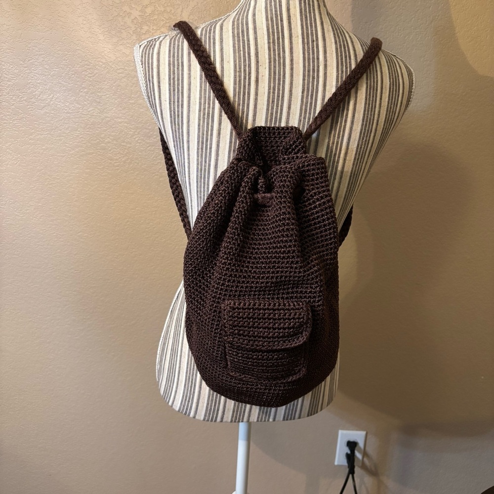 The Sak OMG Mini Backpack Chocolate Brown Crochet Knit Drawstring Pockets Boho - Picture 13 of 16